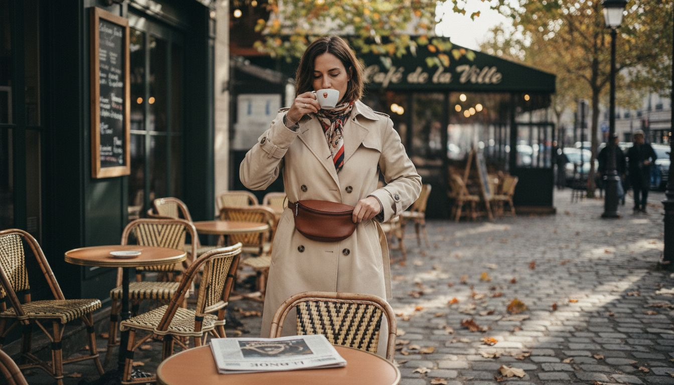 Une femme installée en terrasse arbore fièrement un sac banane en cuir.