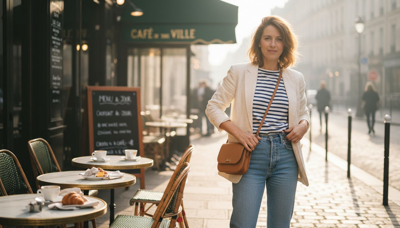 Une Parisienne donne du style à son sac bandoulière en terrasse d’un café.
