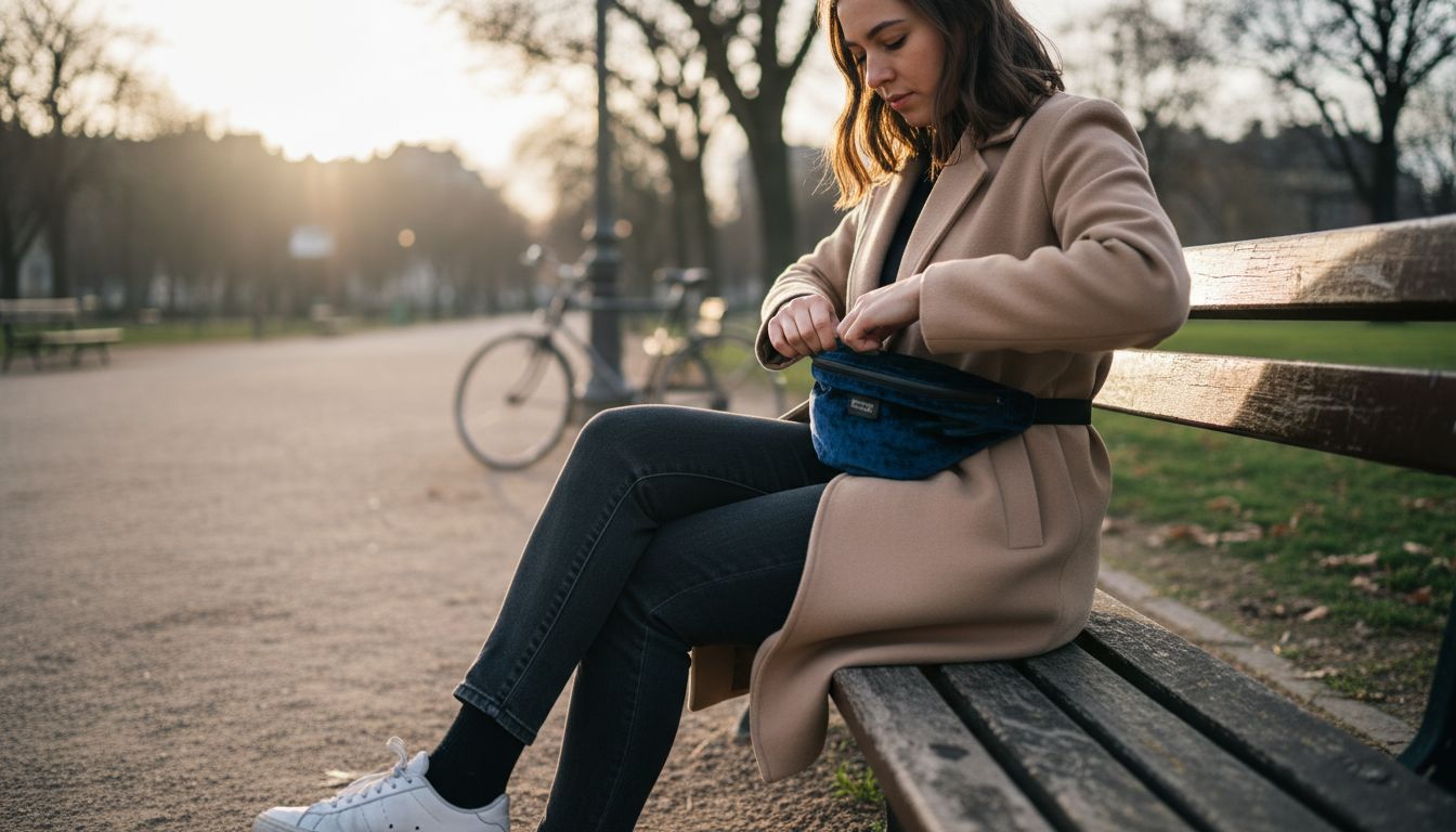 Une jeune femme ajuste sa banane en velours alors qu’elle se promène dans un parc.