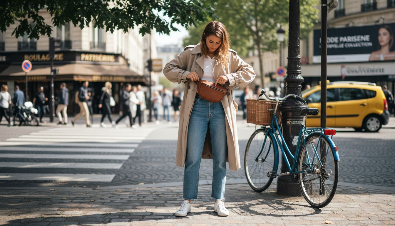 Une jeune femme réajuste son sac tendance en marchant dans les rues de la ville.