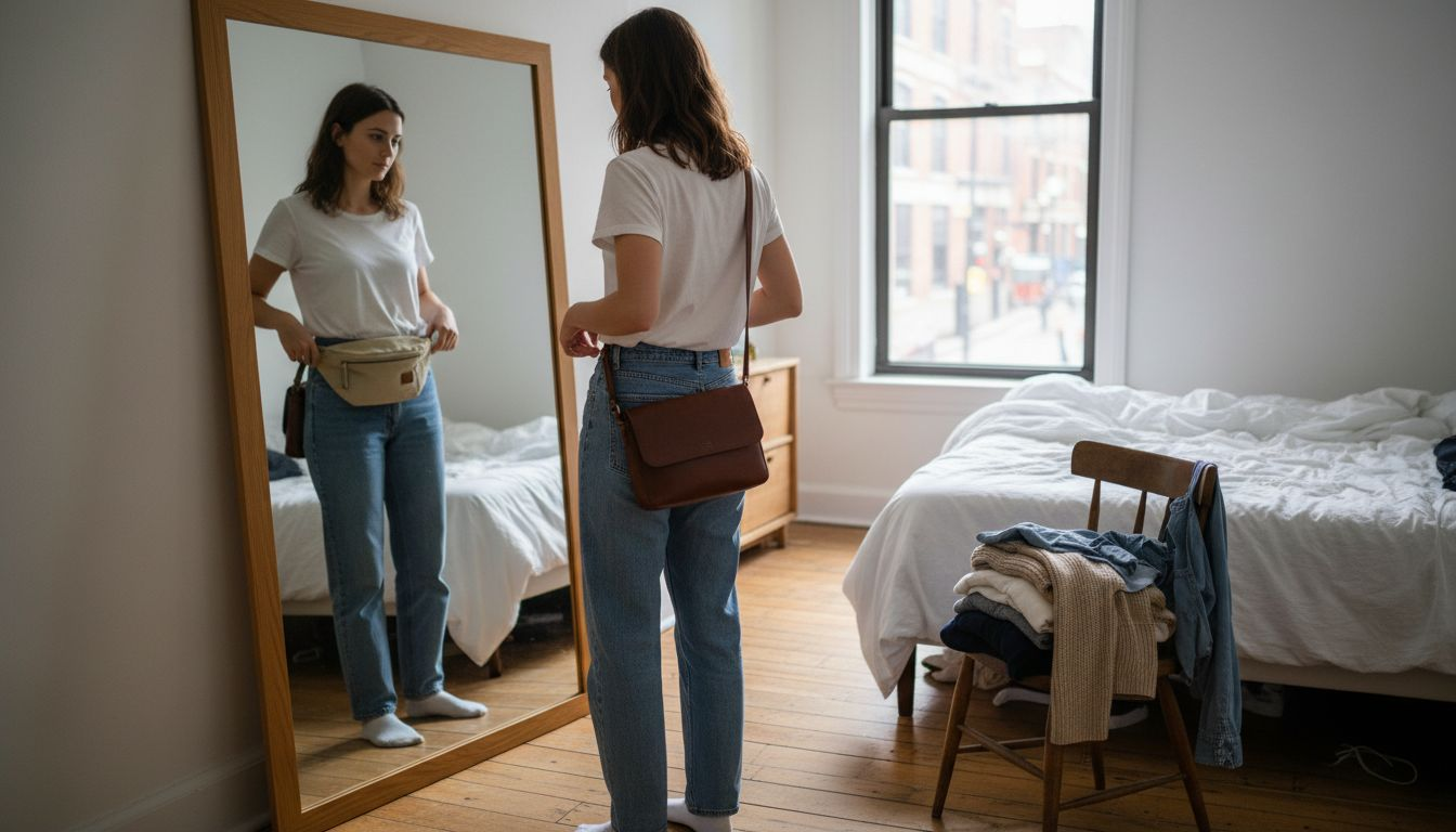 Une femme indécise devant le choix entre une banane tendance et un sac à bandoulière classique.