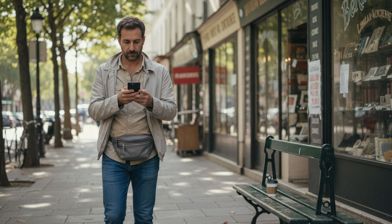 Un homme déambule dans la rue avec une banane en bandoulière.
