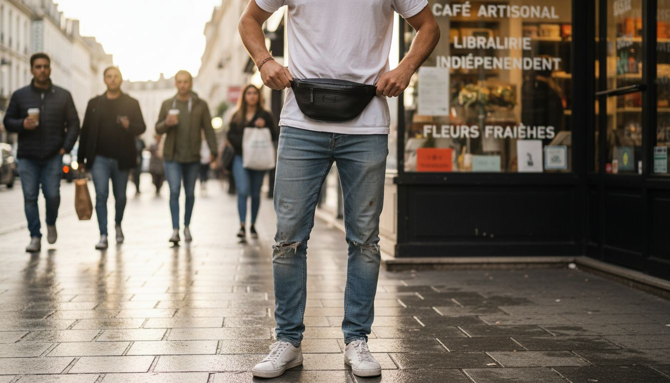 Un homme réajuste sa banane en marchant dans une rue animée.