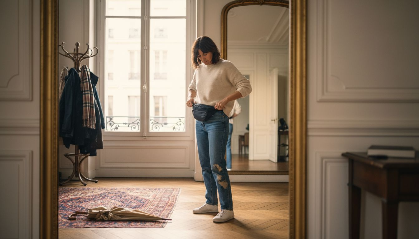 Devant son miroir, une femme ajuste sa banane à la taille.