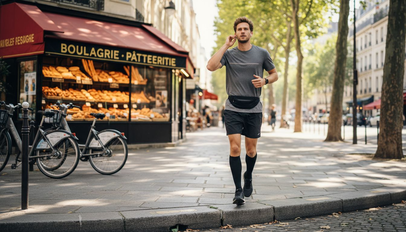 Un joggeur parcourt la ville avec une ceinture de sport à la taille.