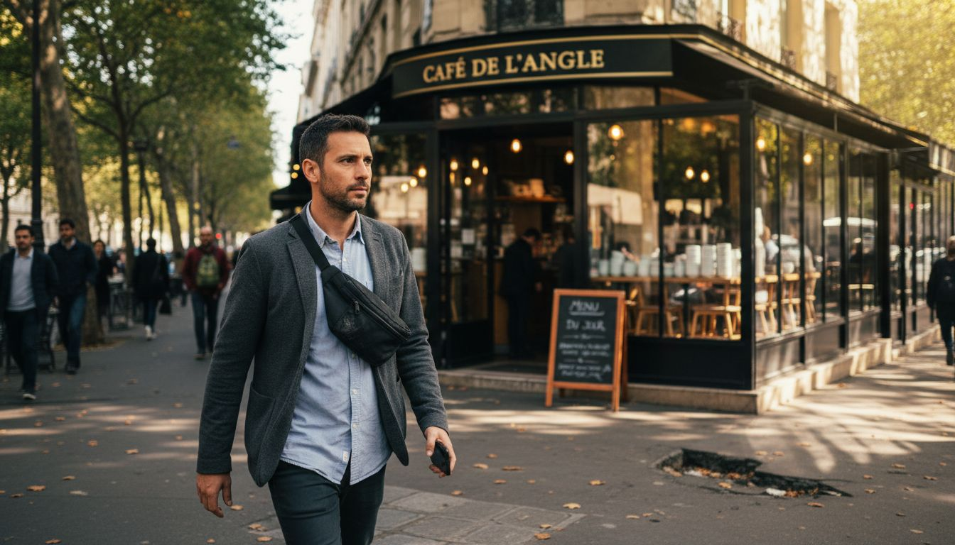 Un homme déambule dans une rue pleine de vie, arborant fièrement une sacoche banane.
