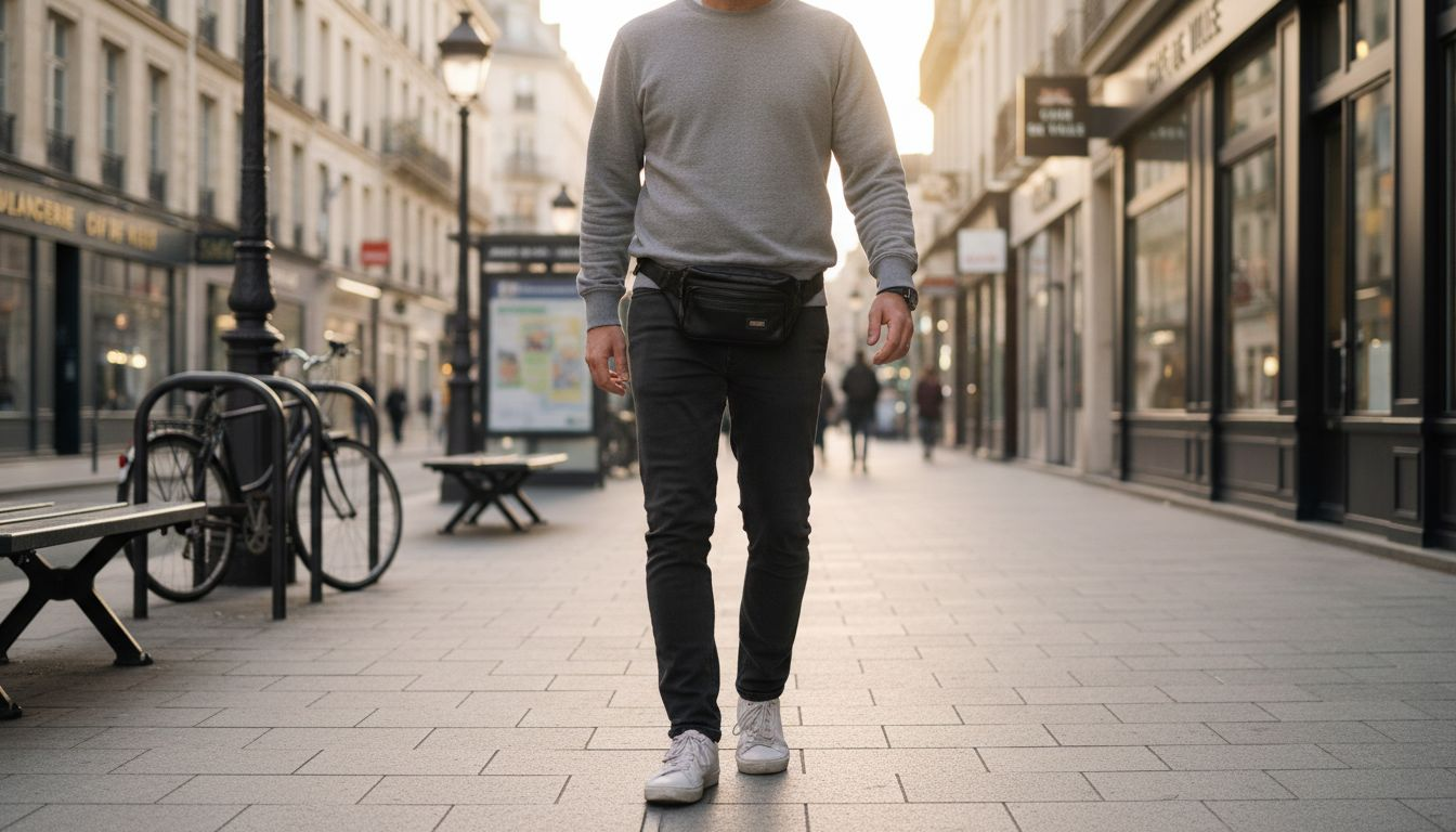 Un homme stylé en ville, arborant une banane en cuir à la taille.