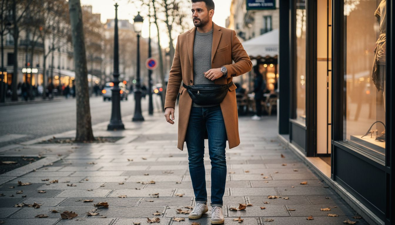 Un homme élégant arpente la ville, sa banane en cuir à la taille.
