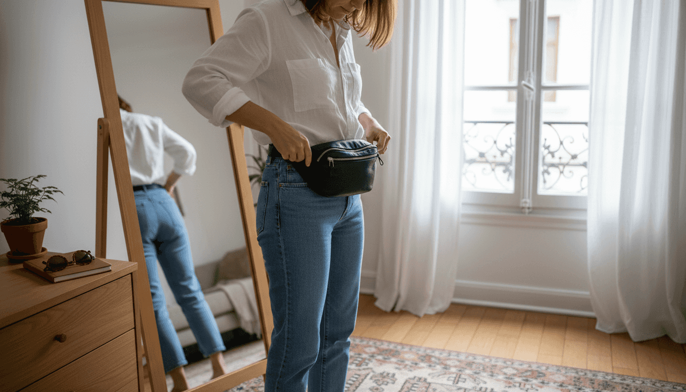 Une femme ajuste sa banane devant son miroir, vérifiant que tout est parfaitement en place avant de sortir.