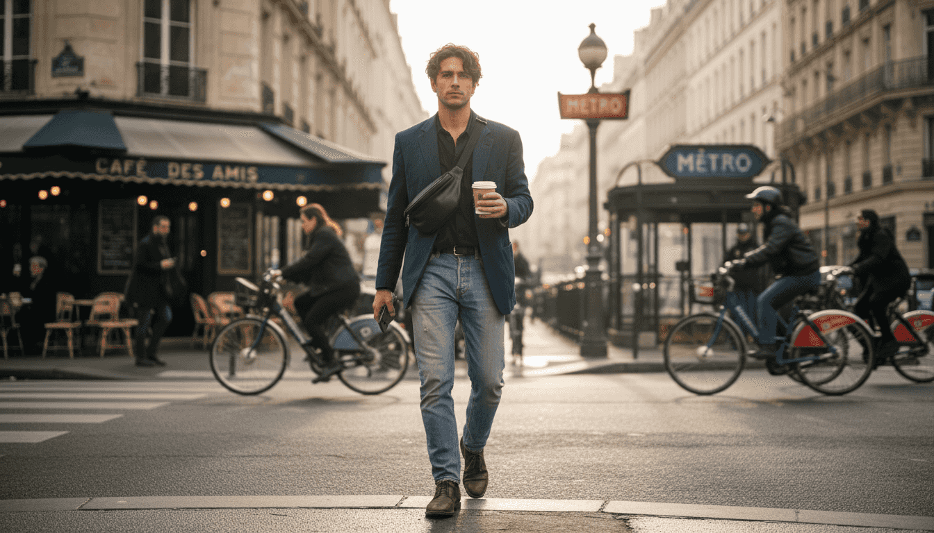 Un cadre urbain traverse la rue, sac banane à la taille.