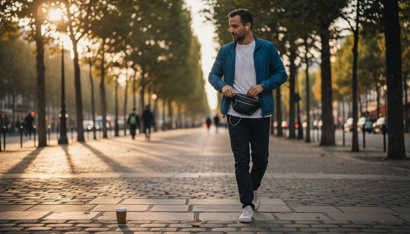 Un homme se balade en ville avec un sac banane à la taille.