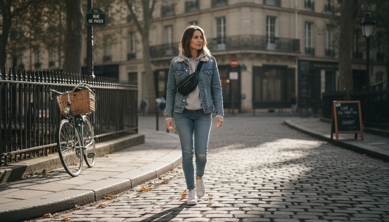 Une femme déambule en ville avec une banane tendance autour de la taille.