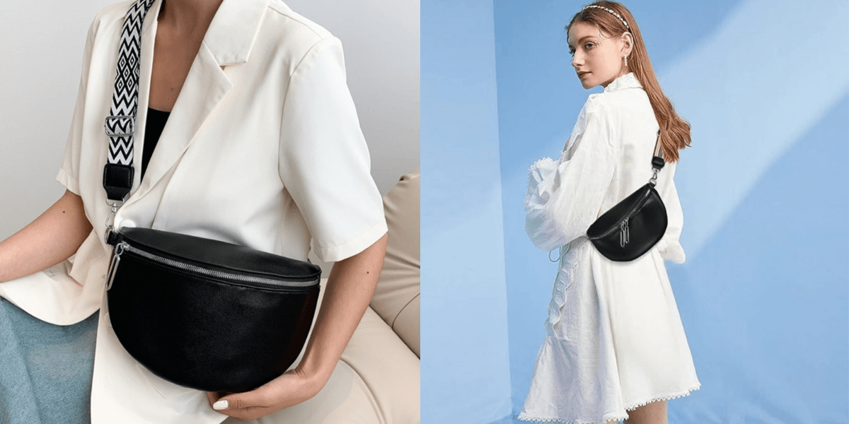 Femme portant un sac banane noir