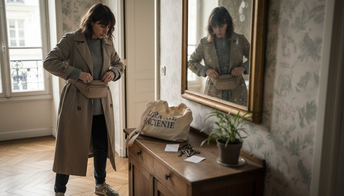 Une femme déambule dans un couloir parisien, sac banane à la taille.