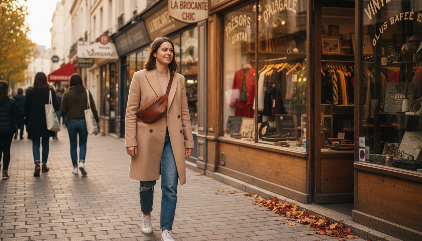 Une jeune femme déambule en ville, sac banane à la taille.