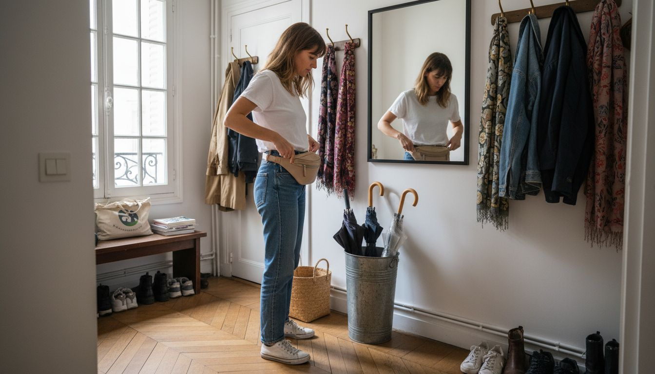 Devant son miroir, une femme ajuste sa banane autour de la taille.