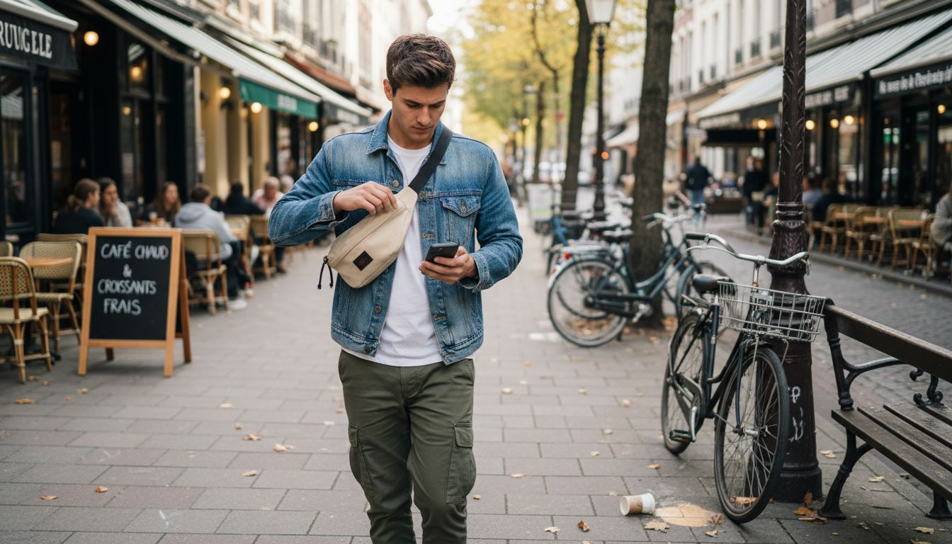 Un homme déambule en ville avec une banane portée en bandoulière.