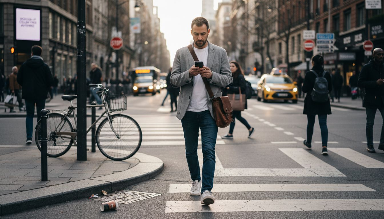 Un homme déambule en ville, sac en bandoulière à l’épaule.