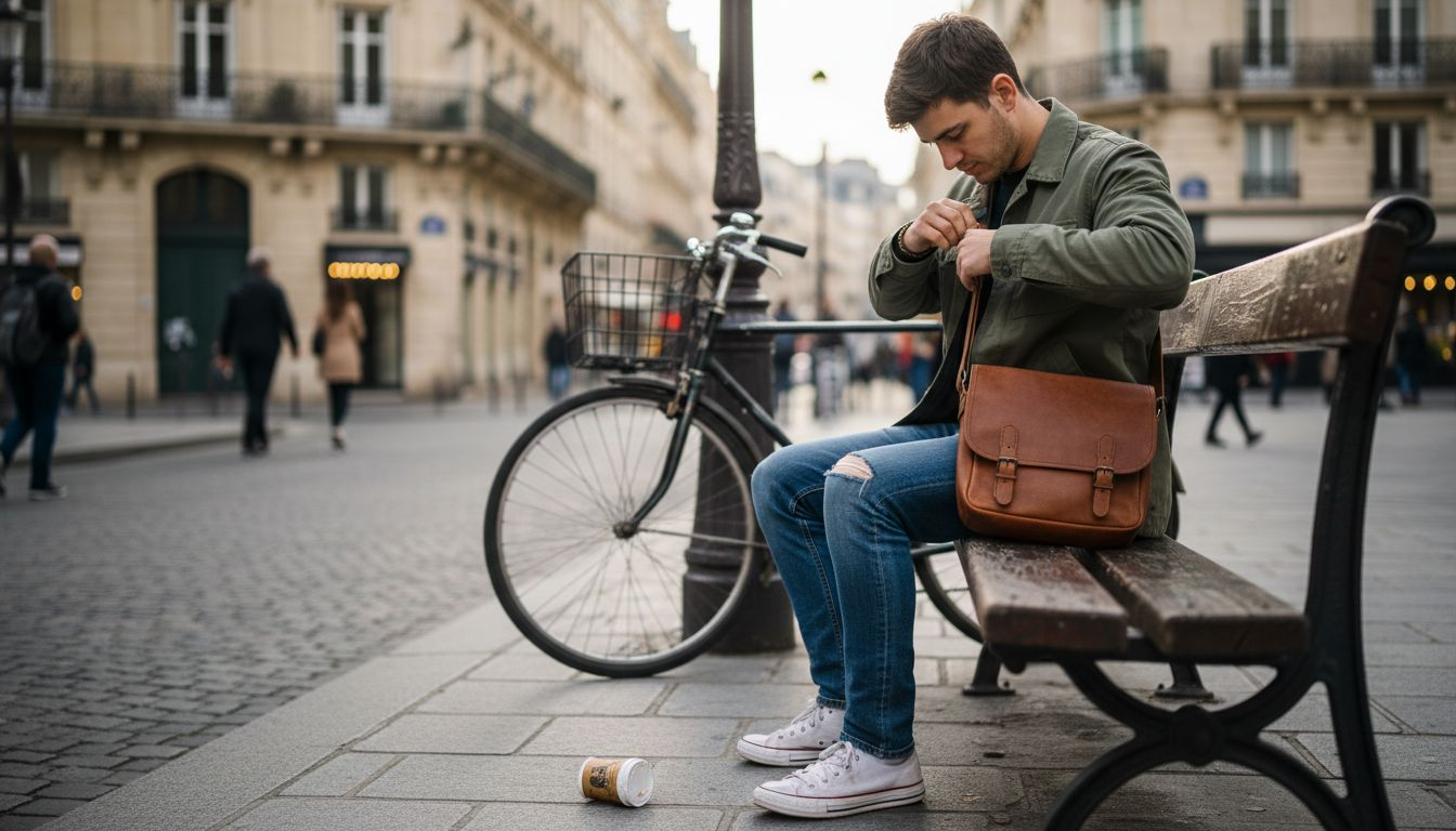 Un homme en ville ajuste son sac en bandoulière, assis sur un banc.