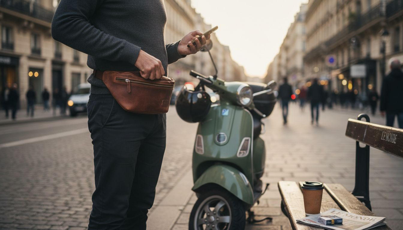 Un homme stylé en ville, arborant une banane en cuir pour compléter son look urbain.