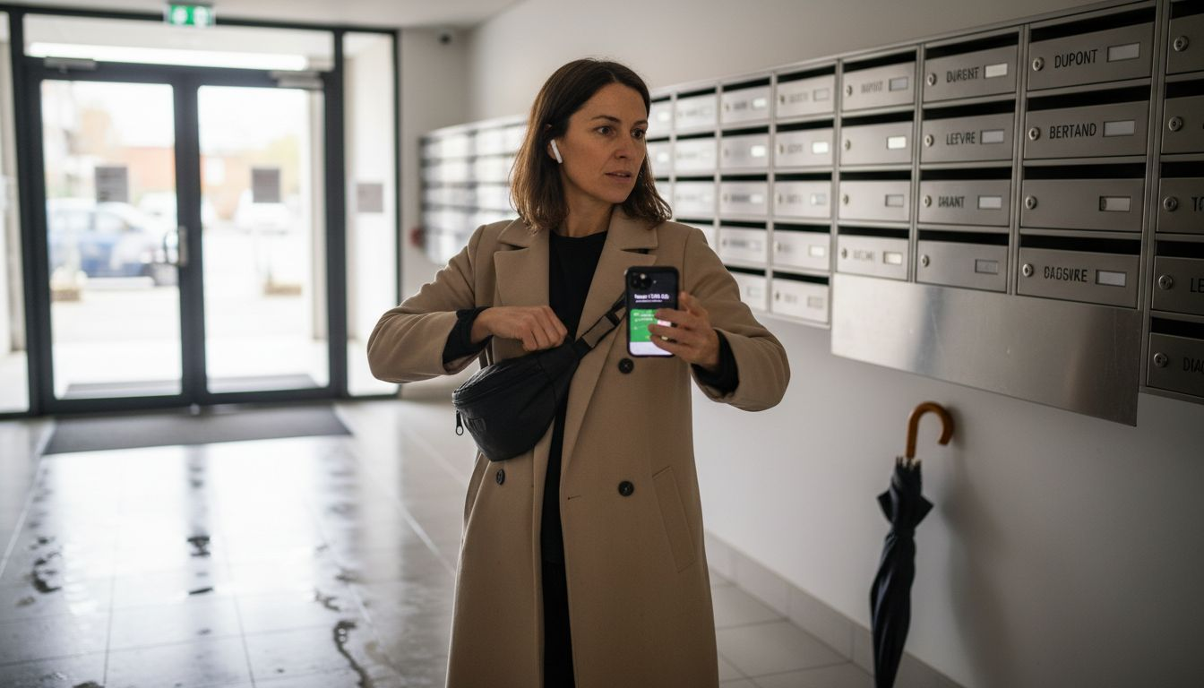 Une femme réajuste sa banane dans le hall de son immeuble.