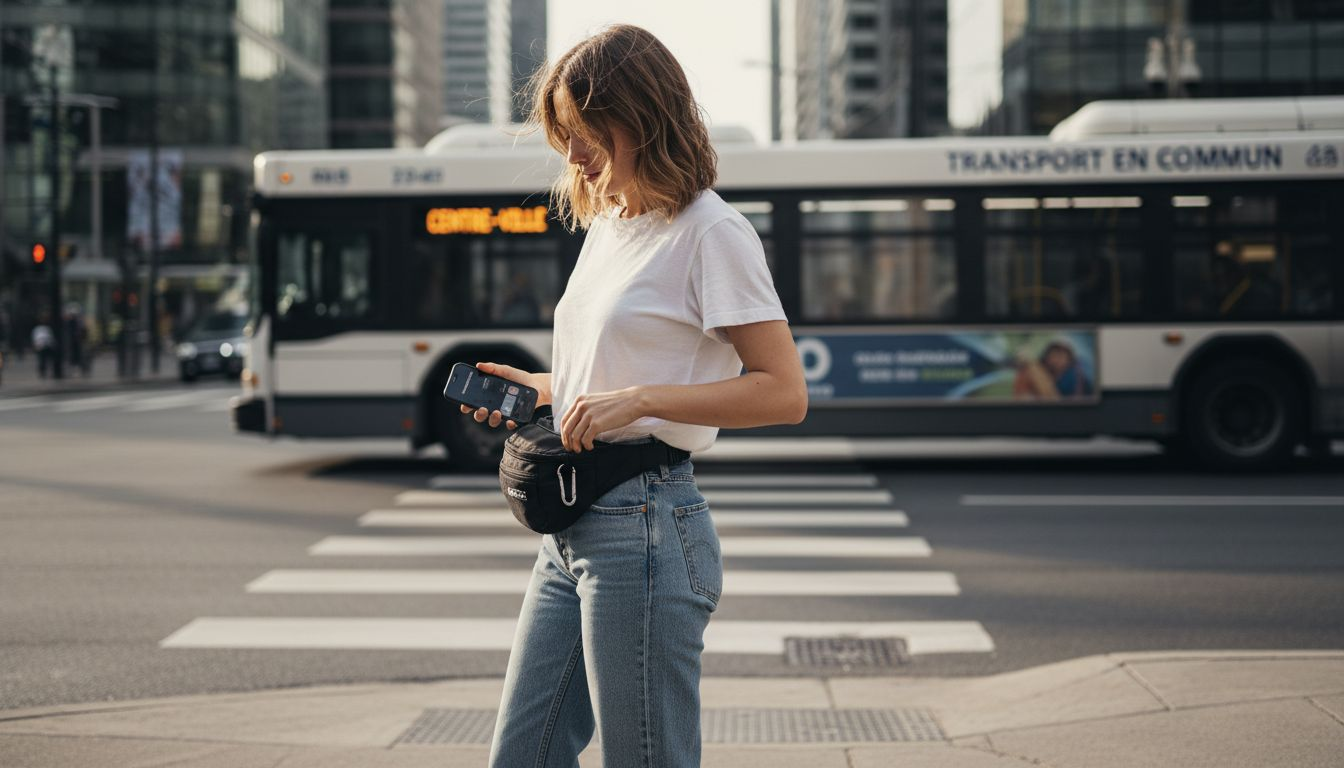 Une jeune femme citadine ajuste sa banane en attendant au passage piéton.