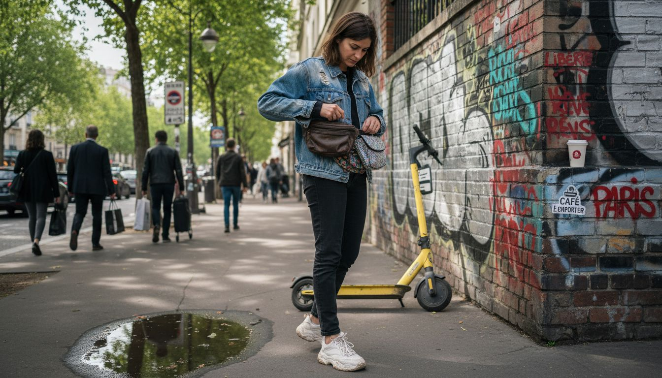 Une femme marche sur le trottoir en ville, arborant trois bananes tendance à la taille.