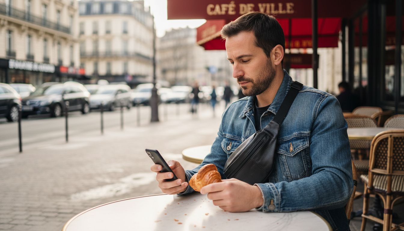 Un homme installé en terrasse, arborant une banane tendance.